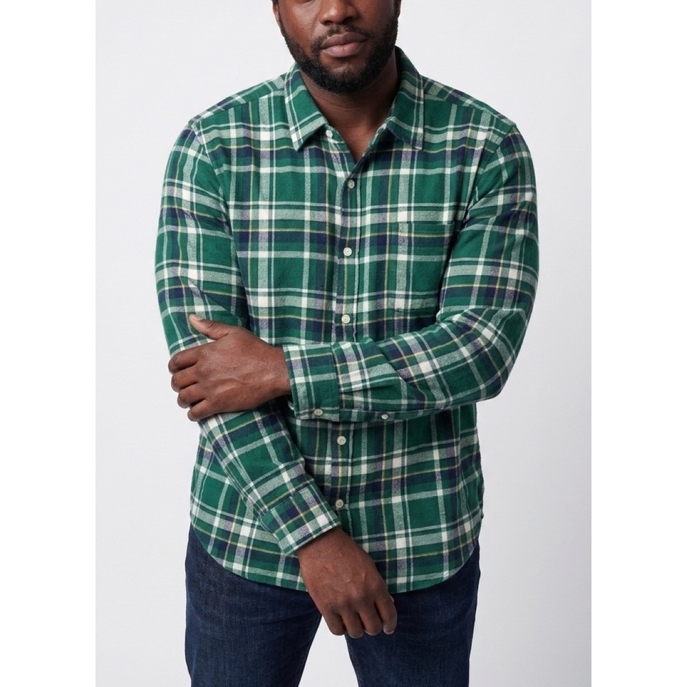 J.Crew Classic Flannel Mens Large Green White Blue Plaid Cotton Button Down